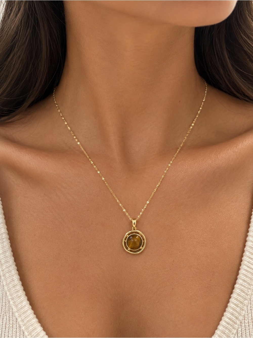 Gold-Tone Circle Pendant Necklace with Amber Stone -ADINA EDEN